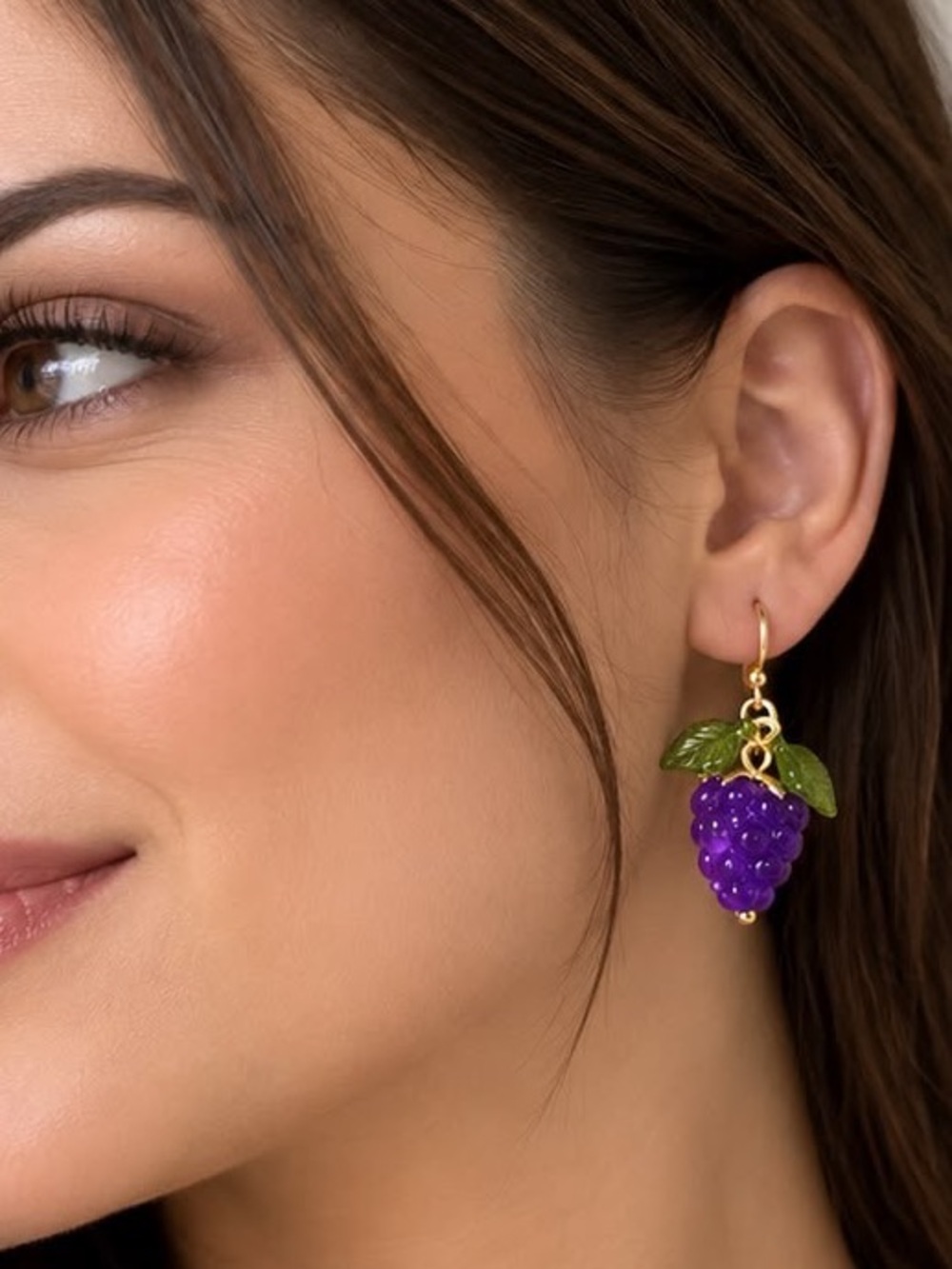 Purple Grape Drop Earrings with Green Leaf Accent